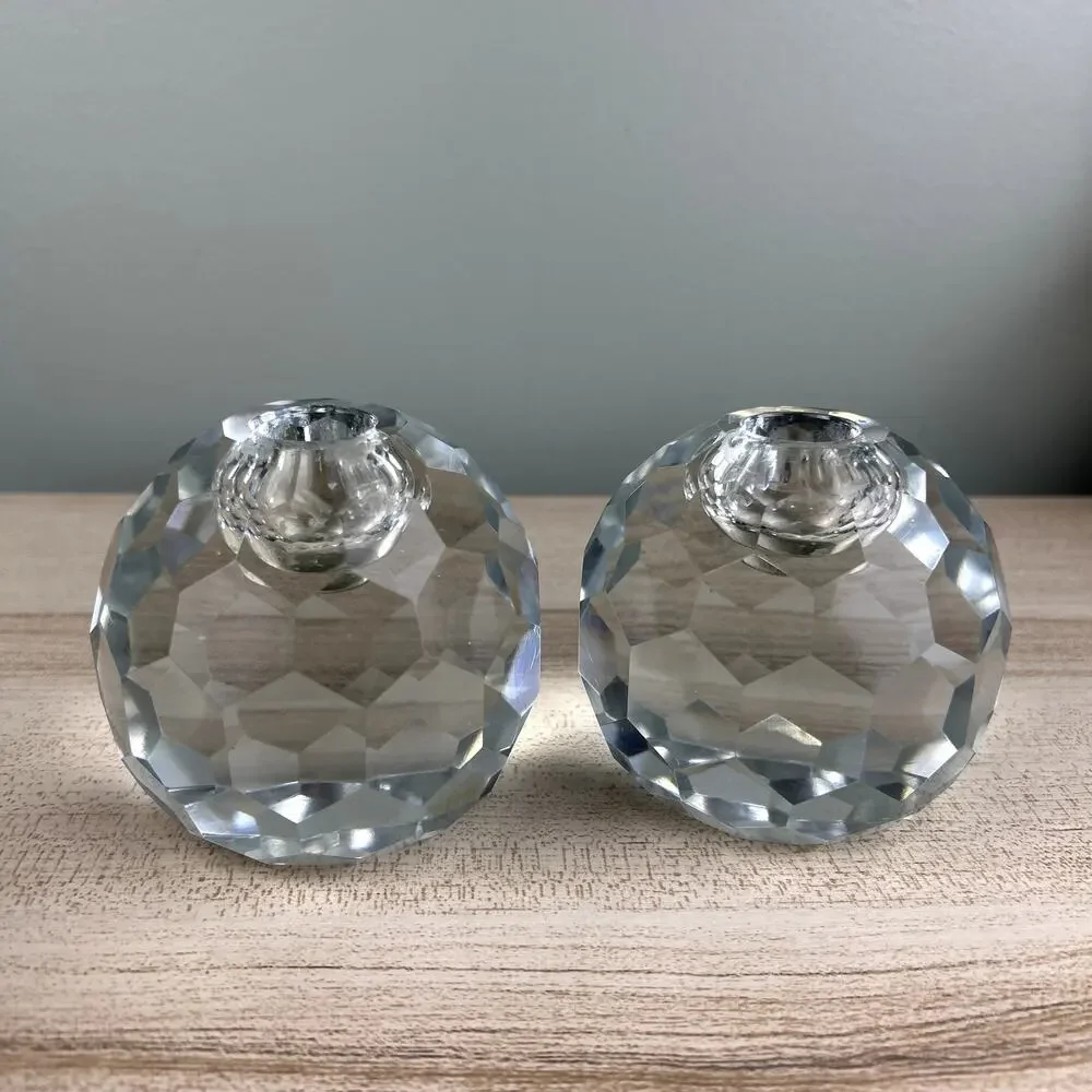 Vintage Faceted Spherical Glass Candlestick Holder Honeycomb Set of 2
